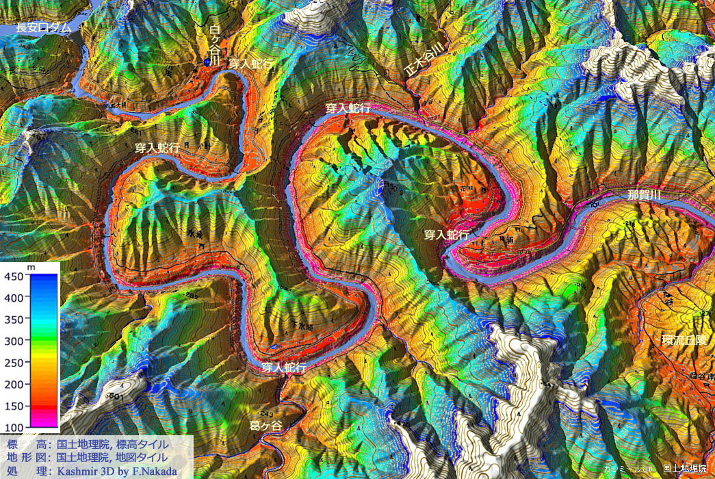 日本の地形千景 徳島県：那珂川の巨大な双頭型とΩ型の穿入蛇行