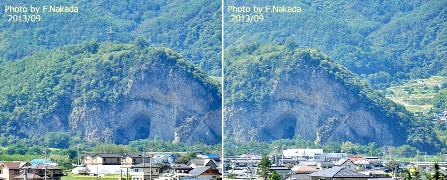 日本の地質案内 長野県：千曲川の断崖岩壁（攻撃斜面），岩鼻の岩壁と